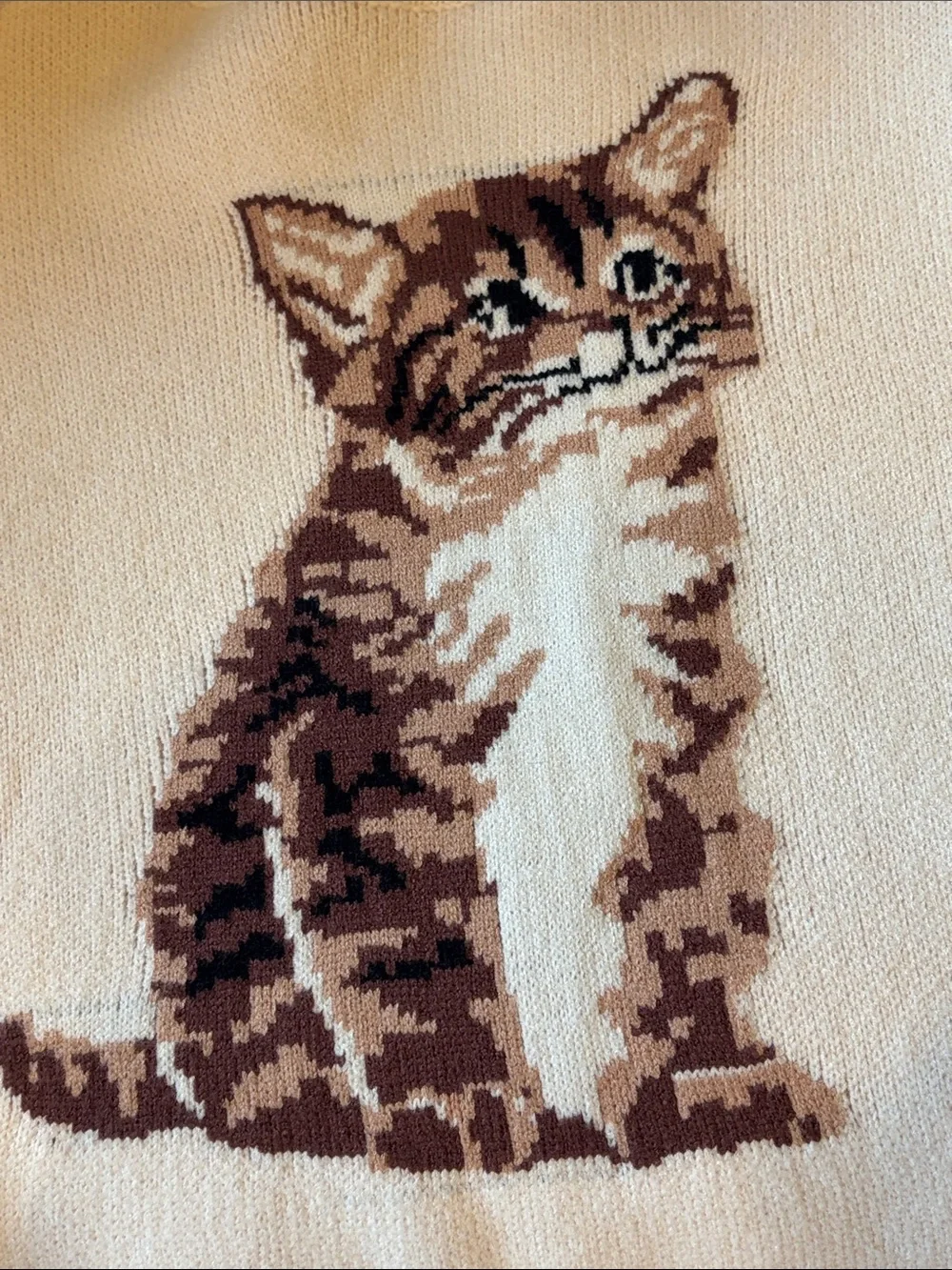 Cream Knit Sweater with Brown Tabby Cat Motif - M/L. Dreamers by debut